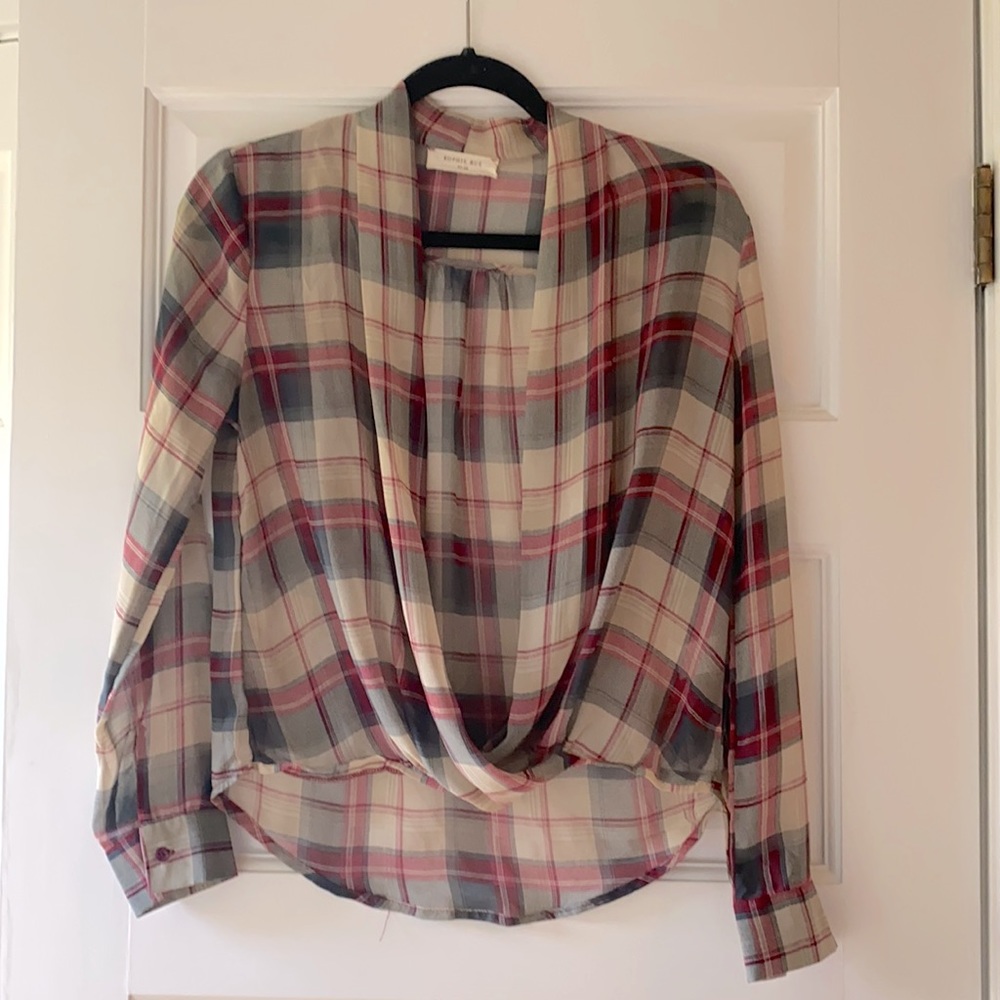 Plaid draped blouse